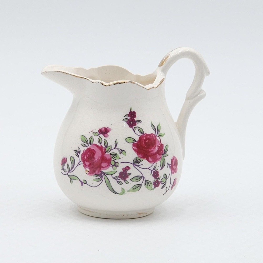 Vintage Floral Ceramic Creamer Pink Roses Gold Trim Scalloped Rim Handle
